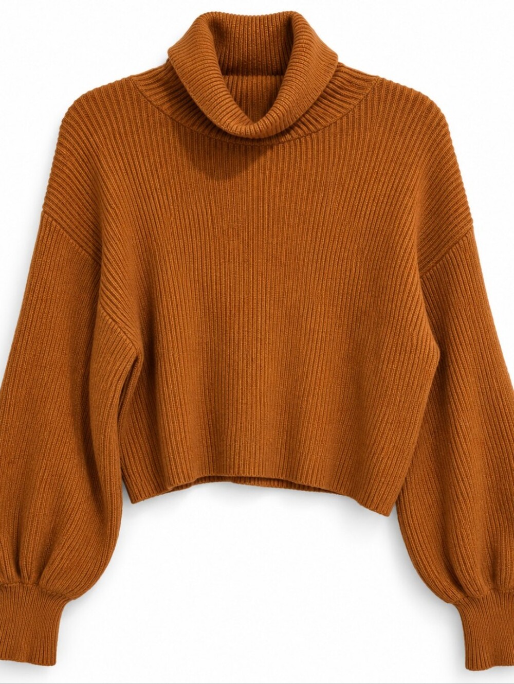 Mi Ami Women’s L Rust Cropped Cowl Neck Balloon Sleeve Ribbed Sweater